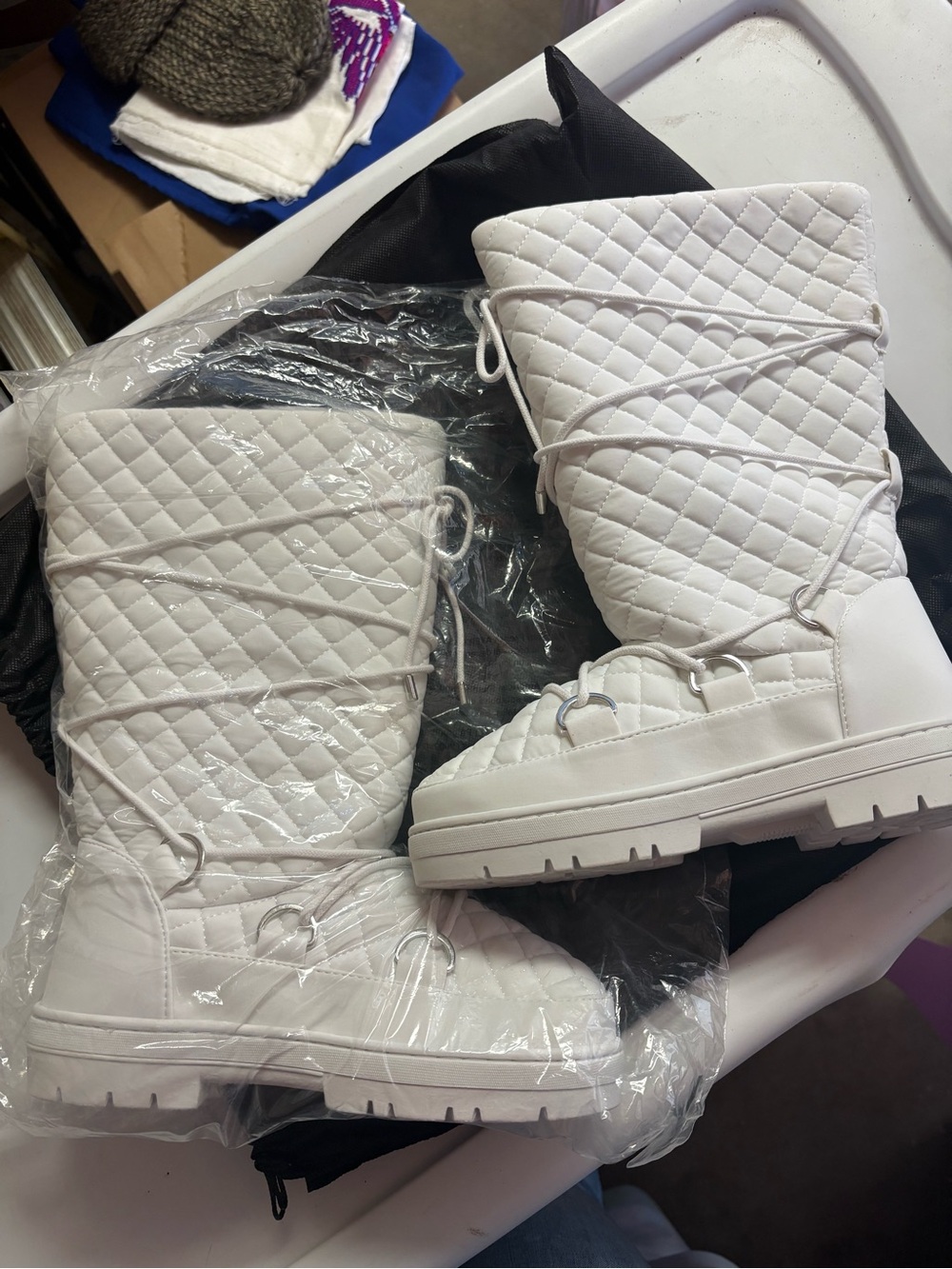 Quilted Lace-Up White Winter Boots for Women